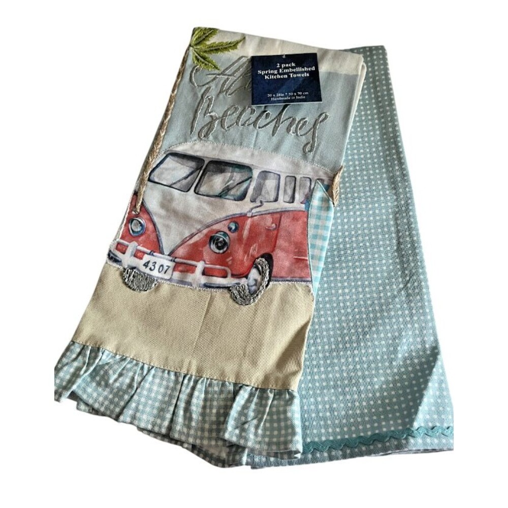 Red Hippie Red Bus Kitchen Dish Towels Set of 2 Embroidered Ruffle Blue Check